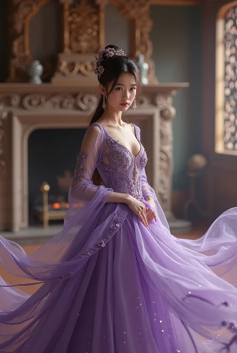 Pretty girl wearing a purple Chinese royal style khani dress，Practicing a horse in the room