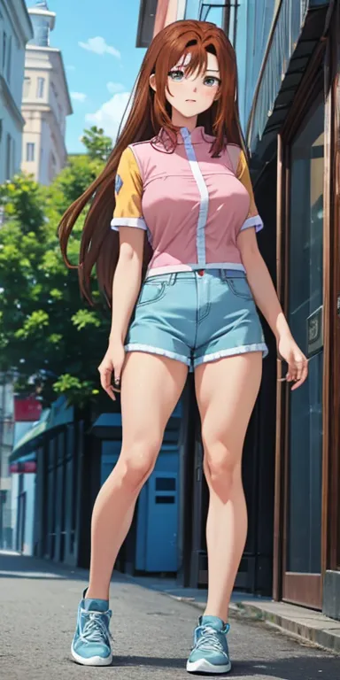  1 female, high definition, High resolution ,  ultra-realistic  ,8K, serenidaddm ,  long hair,  brown hair,   pink shirt ,  blue shorts,  gray eyes,  big breasts, blue sneakers , big breasts,European,sexy, Close-up of the upper body , Pictured from the Fro...