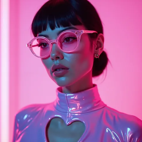 An exquisite, hyper-realistic photo featuring a young caucasian woman with a striking, futuristic aesthetic. She is depicted in a stylized, hype with a focus on modern and avant-garde themes. The subject has porcelain skin and dark hair styled in a sleek, ...