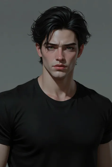 19 year old man, tall, strong, fair skin, disheveled black hair, light green eyes, defined jaw, full lips, he is wearing a black t-shirt.