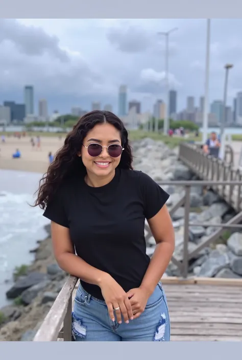 Woman with short curly black hair and glasses, short jeans and black shirt 