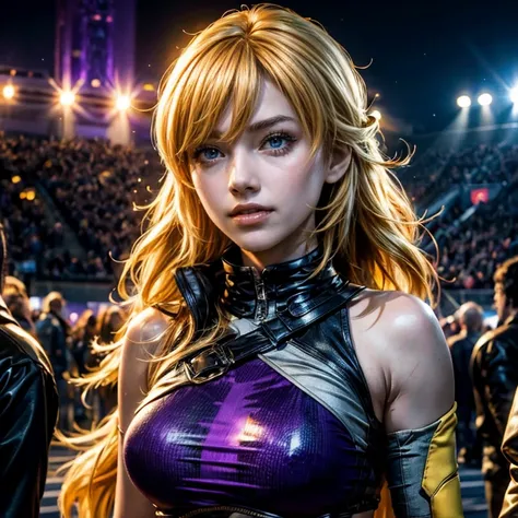 yangxiaolong, yang xiao long, long hair, blonde hair, large breasts, (purple eyes:1.3), ahoge, bangs, BREAK smiling, wearing sportswear, mechanical arms, single mechanical arm, prosthesis, prosthetic arm, BREAK night, stars, cowboy shot, walking inside spo...