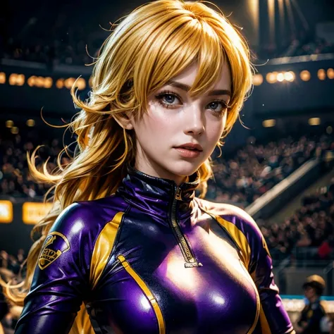 yangxiaolong, yang xiao long, long hair, blonde hair, large breasts, (purple eyes:1.3), ahoge, bangs, BREAK smiling, wearing sportswear, mechanical arms, single mechanical arm, prosthesis, prosthetic arm, BREAK night, stars, cowboy shot, walking inside spo...