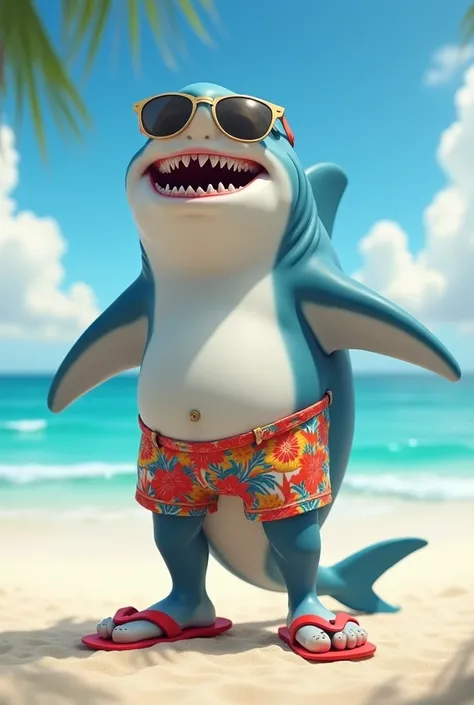 A shark wearing beach shorts and red flip flops, with sunglasses 