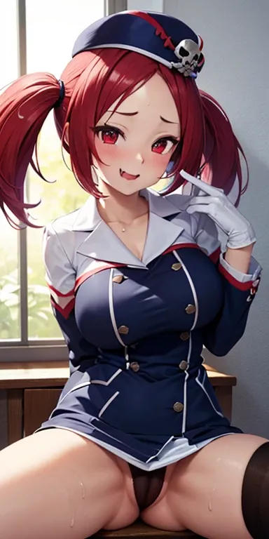  1 female, high definition, High resolution ,  ultra-realistic  ,8K, 1 girl, Alone ,  red hair,  red eyes,   twin tails,  employee uniform, Pencil skirt,  Skull print , Navy cap, fang,  black clothing for legs,  white gloves,European,sexy, Close-up of the ...