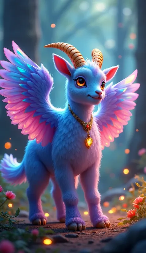 A small, magical goat with a vibrant, multicolored coat shimmering in shades of blue, purple, pink, and gold. Its large, powerful eagle-like wings spread wide, displaying iridescent feathers that shift between bright colors. The goat’s eyes glow with an an...