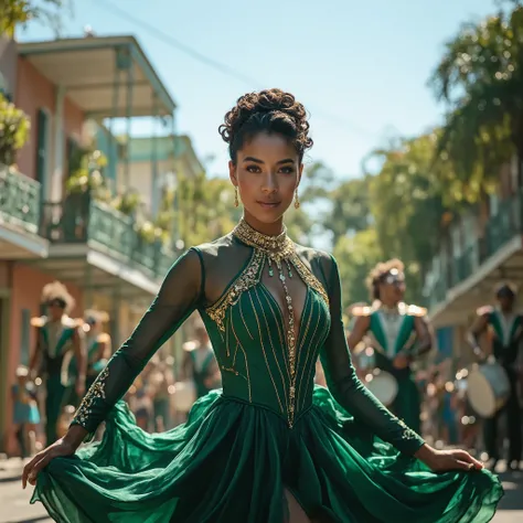 A professional photograph of a young woman performing in a marching band parade. She has a toned and elegant physique, with warm brown skin and expressive dark eyes. Her dark brown hair is styled in an elaborate updo with structured curls, complementing he...