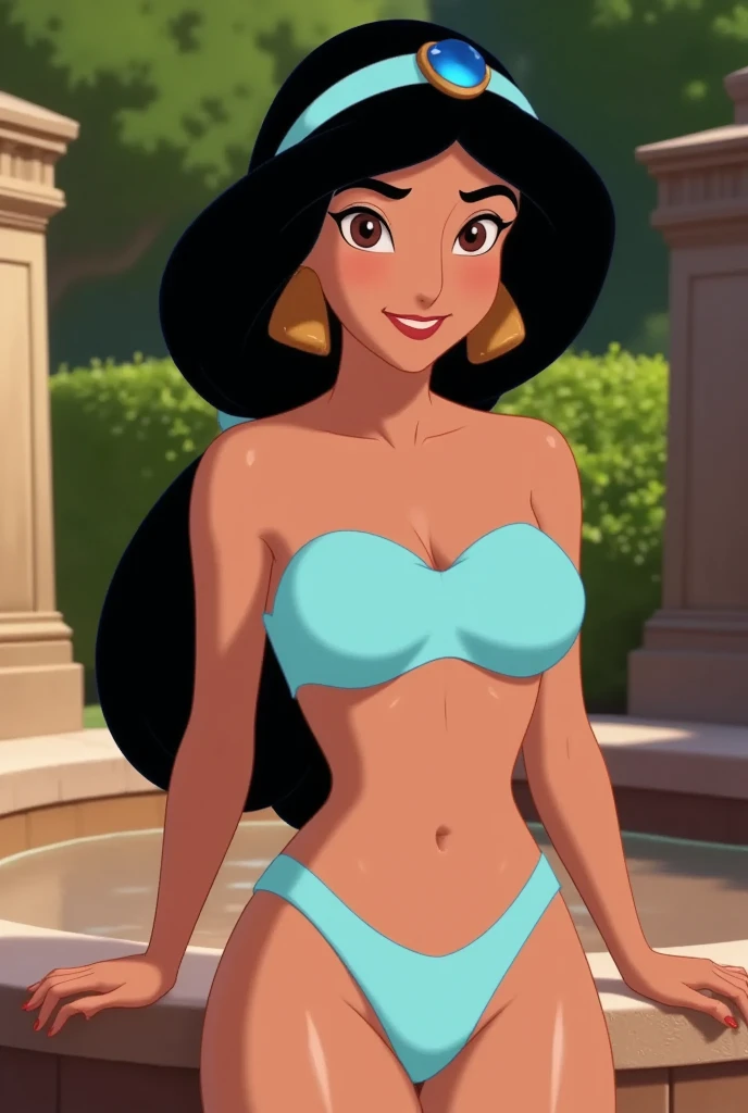 princess-jasmine, full frotal view, totally naked, standing by a stone fountain amidst lush greenery, no panties, showing breast and nipples,   