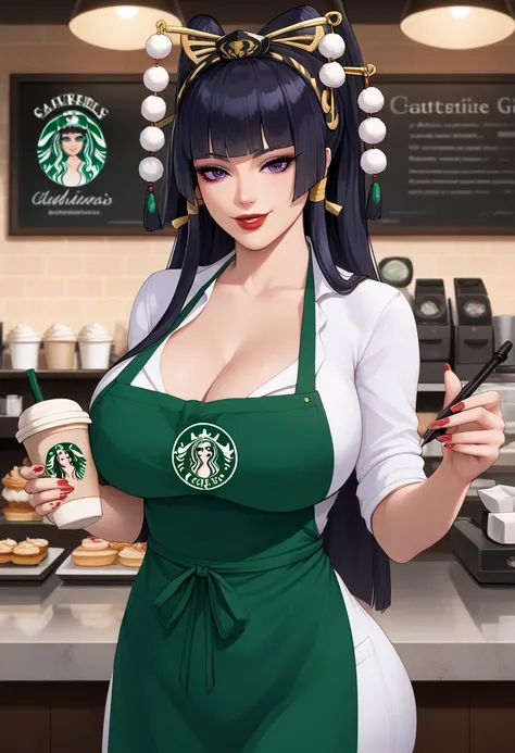 Girls, smile, red lips, fair skin, long hair, big boobs, big breasts, big ass, big butt, sexy body, this body, sexy girls, nails, nails colors, apron, Starbucks apron, barista girls, barista girls starbucks, left hand holding a Starbucks drinking glass, co...