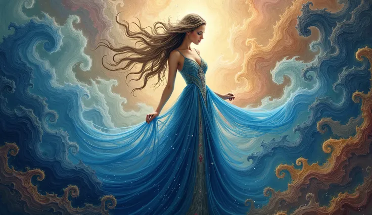 a fantastical scene featuring a woman in an elegant, flowing gown that blends various shades of blue. Her long, wavy hair is animated, almost appearing to flow in the air around her. She stands gracefully amidst swirling patterns and vibrant colors that cr...