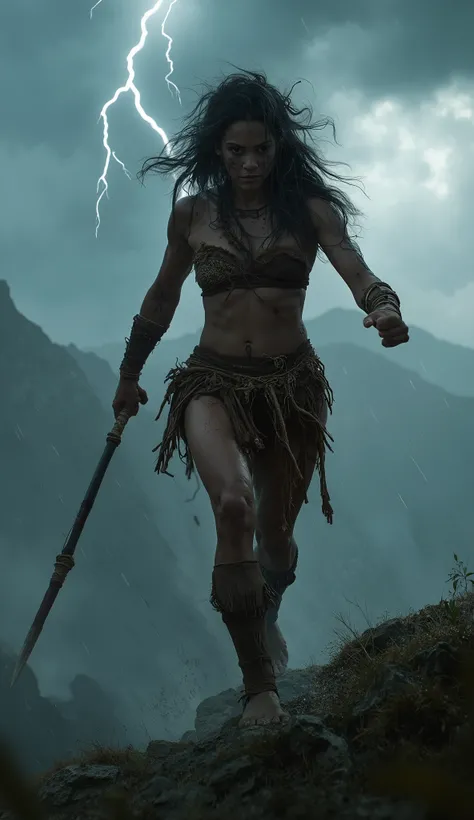 **"A full-length realistic cinematic image, looking into the camera, of a 2 meter tall, prehistoric Latin American warrior woman, exercising on a mountaintop on a rainy and stormy day, with furious winds blowing her hair wildly. Her pose reflects enormous ...