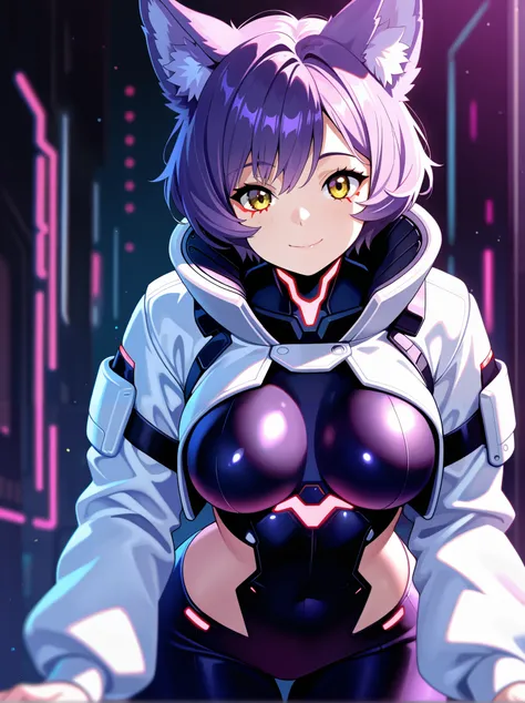 1woman, adult female, solo, short hair, yellow eyes, purple hair, closed mouth, purple wolf ears, sweet, small smile, happy, cyberpunk outfit, lather jacket, cybernetics, medium breast, Blurred foreground,depth of field, cowboy shot, 
,masterpiece,best qua...