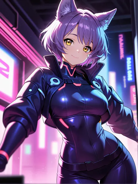 1woman, adult female, solo, short hair, yellow eyes, purple hair, closed mouth, purple wolf ears, sweet, small smile, happy, cyberpunk outfit, lather jacket, cybernetics, medium breast, Blurred foreground,depth of field, cowboy shot, 
,masterpiece,best qua...