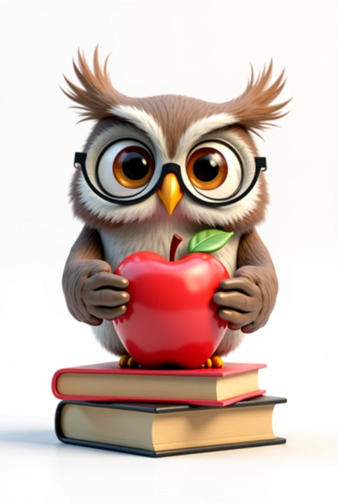 Create a cute teacher owl with glasses holding an apple sitting on books and white background 