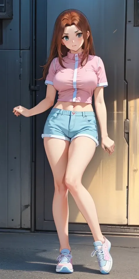   1 female,  high definition,  High resolution  ,    ultra-realistic    ,8K, serenidaddm  ,   long hair,   brown hair,     pink shirt  ,   blue shorts,   gray eyes,   big breasts,  blue sneakers  ,  big breasts,European,sexy,  Close-up of the upper body  ,...