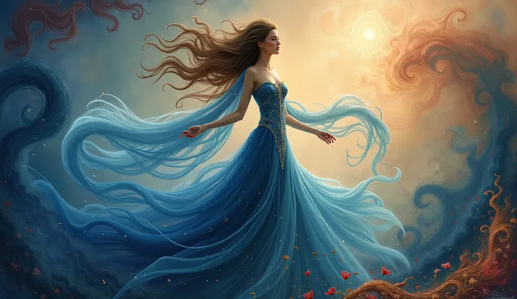 a fantastical scene featuring a woman in an elegant, flowing gown that blends various shades of blue. Her long, wavy hair is animated, almost appearing to flow in the air around her. She stands gracefully amidst swirling patterns and vibrant colors that cr...