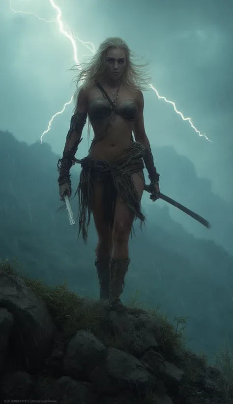 **"A full-length realistic cinematic image, looking into the camera, of a 2 meter tall, blonde, voluptuous prehistoric woman warrior, exercising on the top of a mountain on a rainy and stormy day, with furious winds blowing her hair wildly. Her pose reflec...