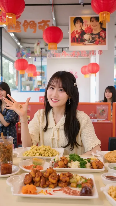 "A popular female celebrity sitting at a large table in a vibrant Chinese restaurant, surrounded by plates of delicious, colorful Chinese dishes. She is smiling and joyfully eating a variety of foods, including dumplings, noodles, spring rolls, and sweet a...