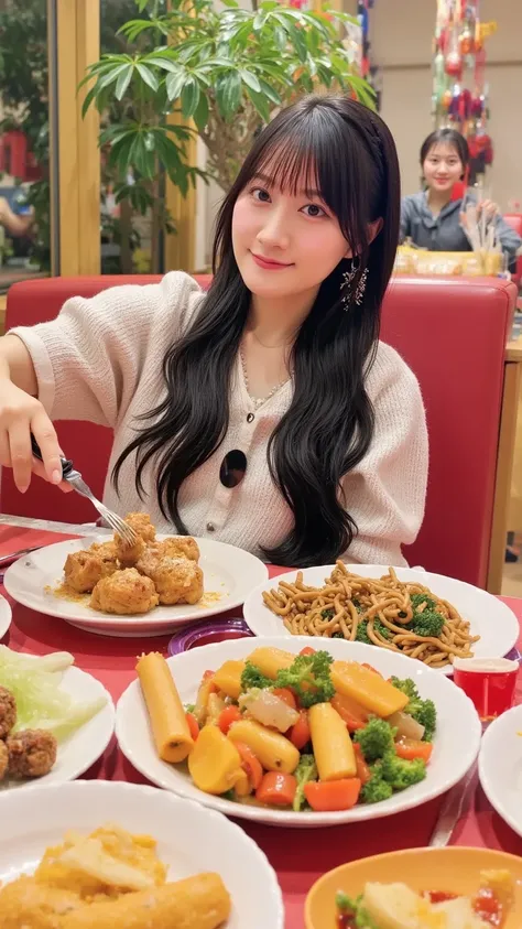 "A popular female celebrity sitting at a large table in a vibrant Chinese restaurant, surrounded by plates of delicious, colorful Chinese dishes. She is smiling and joyfully eating a variety of foods, including dumplings, noodles, spring rolls, and sweet a...