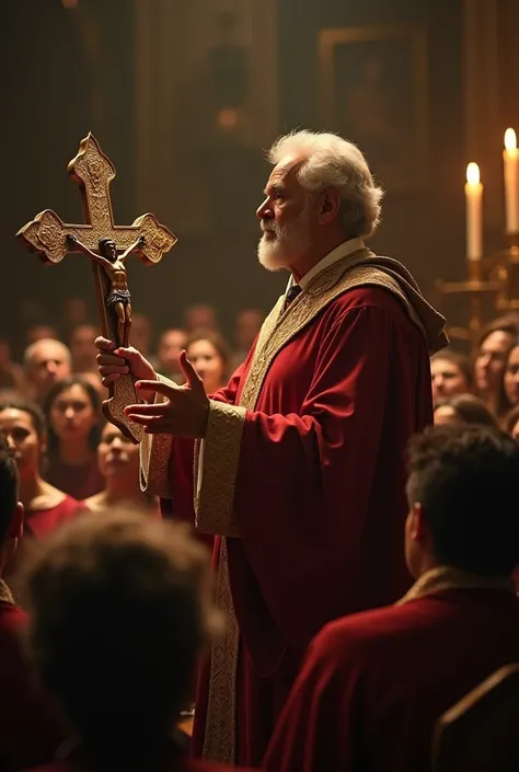  A person holding a crucifix in their hand, preaching the word of God and being heard by a group of people