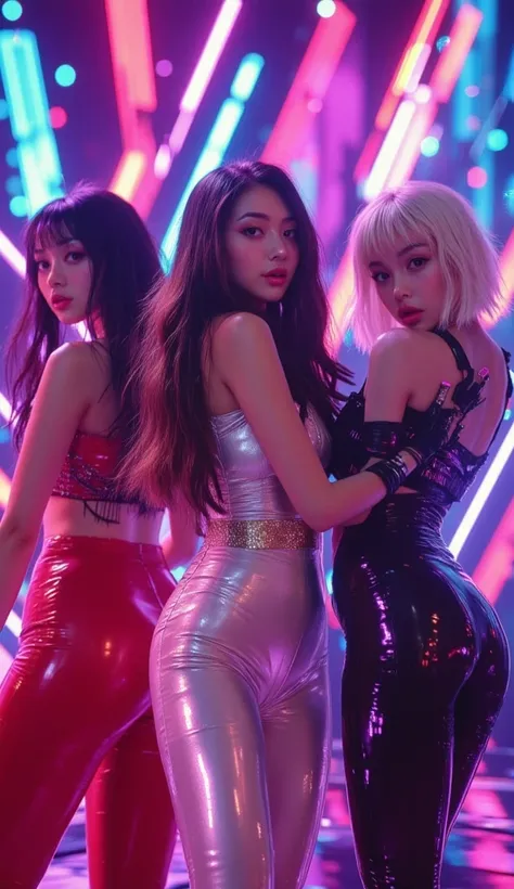 A group photo of three stylish K-pop idols performing on a neon-lit stage. - Rina: long straight black hair, wearing a red outfit with subtle gold accents, confident and poised. - Lina: wavy brown hair, dressed in a silver outfit with soft blue glowing det...