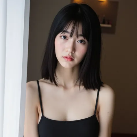 A highly detailed, ultra-realistic portrait of a young East Asian woman with long, sleek, jet-black hair and straight bangs framing her face. Her deep brown eyes gaze seductively at the camera, reflecting a soft, natural light. She has a delicate, oval-sha...