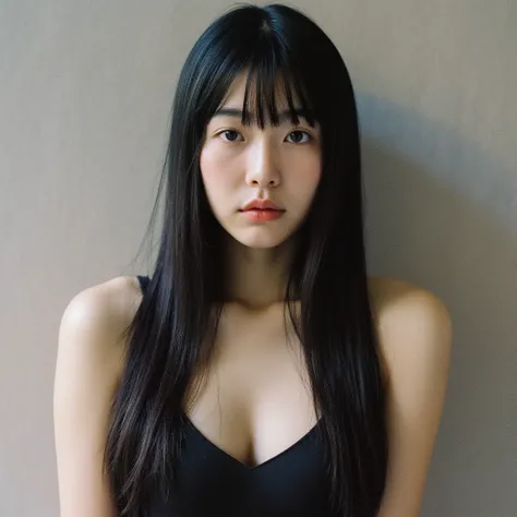 A highly detailed, ultra-realistic portrait of a young East Asian woman with long, sleek, jet-black hair and straight bangs framing her face. Her deep brown eyes gaze seductively at the camera, reflecting a soft, natural light. She has a delicate, oval-sha...