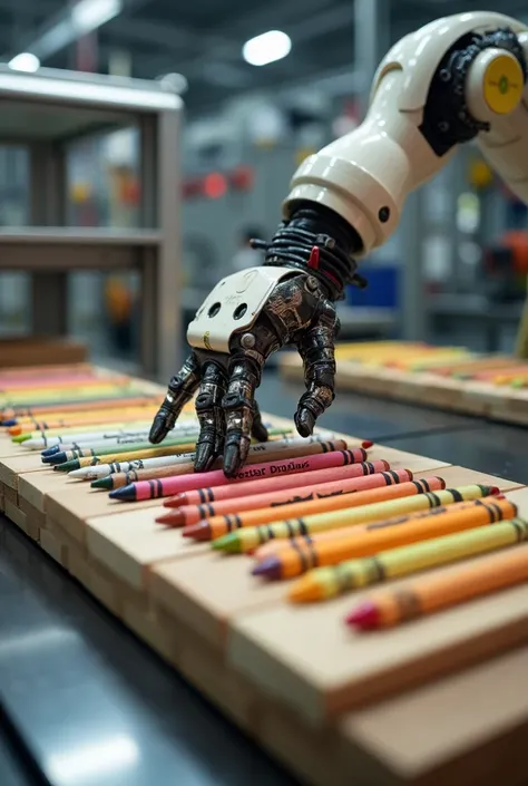 A robot assembling the crayons by placing colorful crayon cores into the grooves of wooden planks, then gluing a second plank on top. The robot is precise and efficient, with the assembly line looking highly automated and smooth