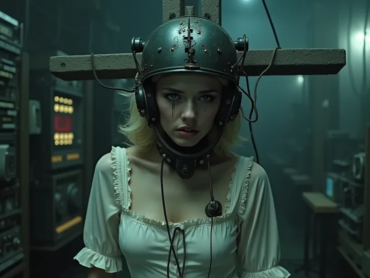 Very dark, large room. There are many devices in the room, they glow. a girl in a white dress, like Marilyn Monroe's. the girl is tied to a large metal cross. the dress is dirty. the girl has a dark, shabby helmet on her head that covers her eyes. Light ca...