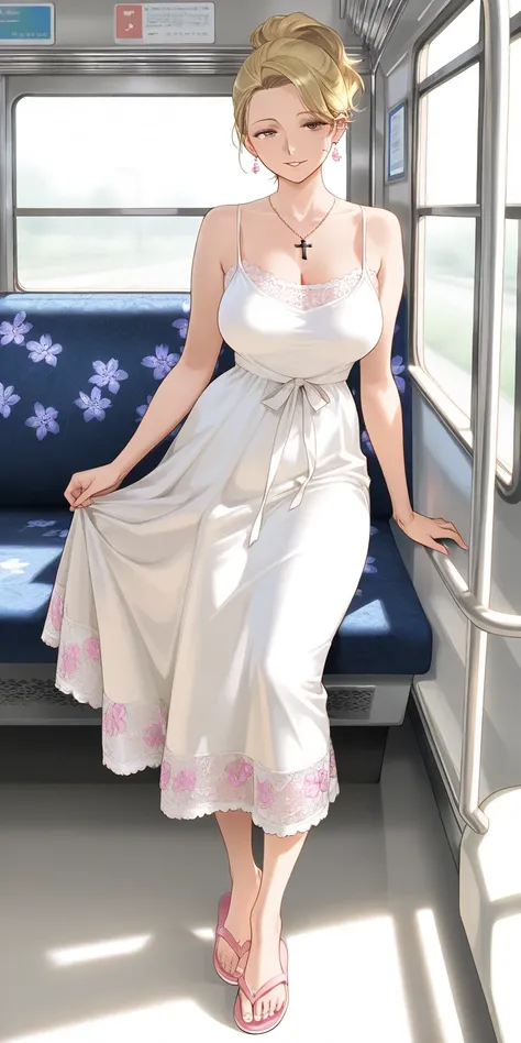 mature female, housewife, Blonde hair, high ponytail short hair, earrings, black cross pendant necklace, white spaghetti strap mini housedress (pink lace, pink floral motif), pink flip flops, full body, milf, parted lips, smile, on the bus, soft light, hig...