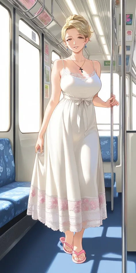 mature female, housewife, Blonde hair, high ponytail short hair, earrings, black cross pendant necklace, white spaghetti strap mini housedress (pink lace, pink floral motif), pink flip flops, full body, milf, parted lips, smile, on the bus, soft light, hig...