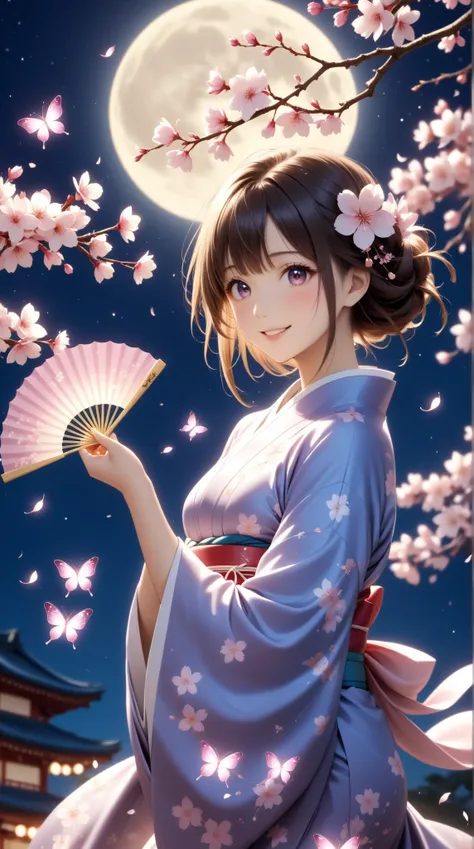 Weeping cherry blossoms at night shine with a mysterious aura、One young beautiful woman illuminated by the moon、A big smile、 supple and curvy proportions、 holding a dance fan in her right hand 。
 cherry blossom pattern scattered all over、 shiny light purpl...