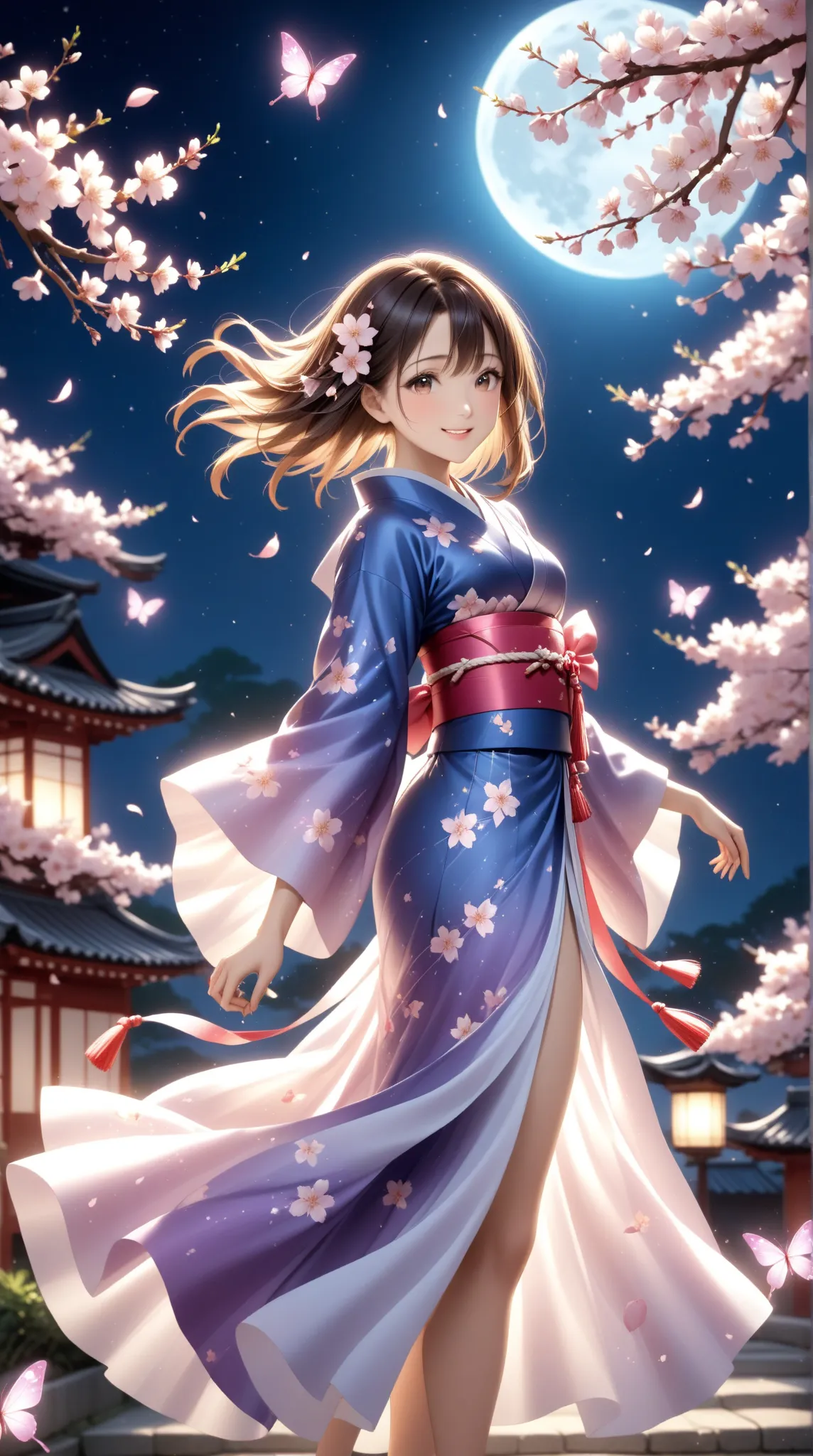 Weeping cherry blossoms at night shine with a mysterious aura、One young beautiful woman illuminated by the moon、A big smile、 supple and curvy proportions、 holding a dance fan in her right hand 。
 cherry blossom pattern scattered all over、 shiny light purpl...