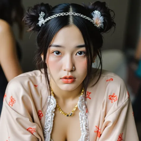 A close-up shot of a young asian woman with an alluring and playful expression. Her dark hair is styled into messy space buns, with loose strands of bluish-gray hair framing her face, enhancing her mysterious and captivating look. A delicate silver headpie...