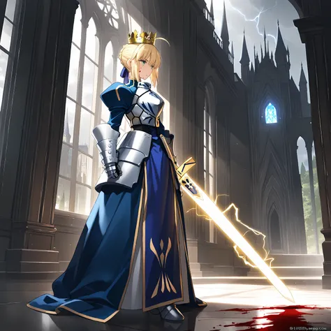 highly detailed, Ultra-detail, cinematic lighting, Dark time of day, illuminated by lightning. Artoria Pendragon from the anime Fate. Against the background of the castle. It's raining and lightning is behind the background. Battle in the background. Full-...