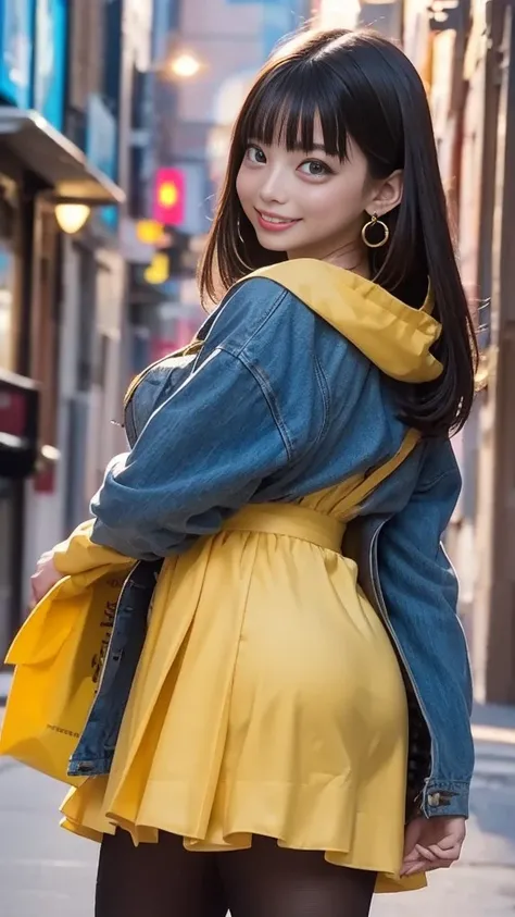  oversized tailor jacket with an open front、layered skirt:1.2、tights、 stiletto boots、 Straight Medium Hair 、 Gold、 Natural Wave 、Messy bangs、Flowing bangs、 blue eyes、Medium breast、Earrings、Inviting face、Seductive face、 smile、Blushing face、square bag、Broadw...