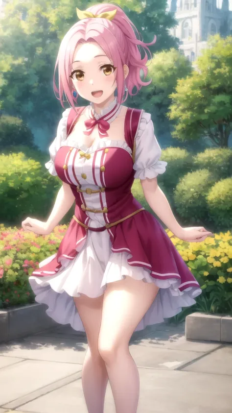 Masterpieces, Best Quality, girl, looking at viewer, maria sarushima, short hair, (brown eyes:1.3), pink hair, ponytail, ribbon, hair ribbon, large breasts, princess connect Re:Dive cosplay, princess Dress, standing, smile, open mouth, outdoors 