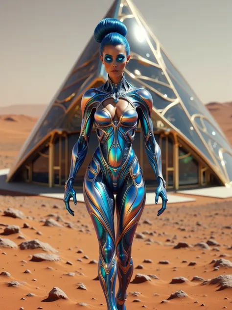 Female Human, Metallic Blue Hair with Silver Accents in a Bun with Blunt Bangs, Glowing Blue Cybernetic Eyes, Tanned Skin, Large Breasts, Wide Hips, Thick Thighs, Long Legs, Wearing Form Fitting Advance Metallic Blue Bio Metal Armor with Silver Accents, wa...