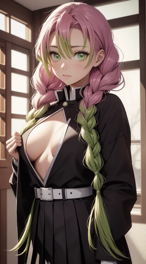 MitsuriKanroji, Mitsuri Kanroji,  braid,  gradient hair , (  green eyes :1.5),  green hair,  long hair, mole,   lunar under the eye ,  multicolored hair , pink hair, twin  braids,  bicolor hair ,
BREAK Belt, black skirt, neckline,   coat  ,  demon hunter u...