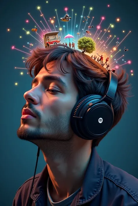  A person with headphones in the center of the image ,  with a calm expression immersed in music .  Around his head there are miniature scenes representing moments in his life , like a road trip with friends ,  a rainy afternoon with a book ,  a party with...