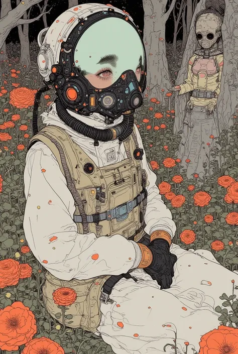 Illustration of a woman in a spacesuit wearing a helmet and gas mask,  Laurie Grisley and James Jean,  Sunbathing Flower Garden  , Moebius + Reusch + Wow, Sci-Fi illustrations, Sci-Fi illustrations,  inspired by NEVERCREW  ,  futuristic art style ,  exquis...