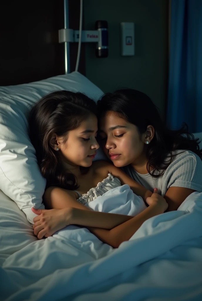 A 19-year-old Latin Venezuelan girl with a dark brown complexion and dark brown hair sleeping with her mother embracing her deceased Venezuelan Latin mother with a dark complexion and black hair, in a hospital bed with a dark room. 