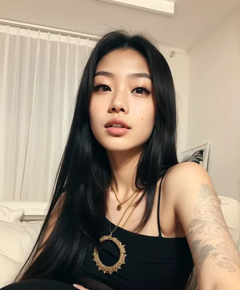 a young Asian woman, 20 years old, black blouse, long black hair, black eyes, full lips, light makeup, highly detailed facial features, freckles, fair skin, sensual and delicate features, large breasts, Necklace Golden, Piercing Golden nose, big boobs (bes...