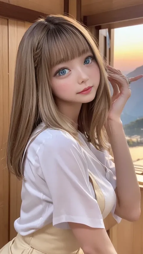  one woman、 cute face、Also々New Expressions、 Japanese、 Japanese、、 blue eyes、 Beige Hair 、 French Braid、１６、 white shirt、デニムの Long Skirt 、 Long Skirt 、 Machu Picchu、sunset、 top quality、 ultra high resolution、 masterpieces :1.3，８ｋ、Precision Finishing、Unreasona...