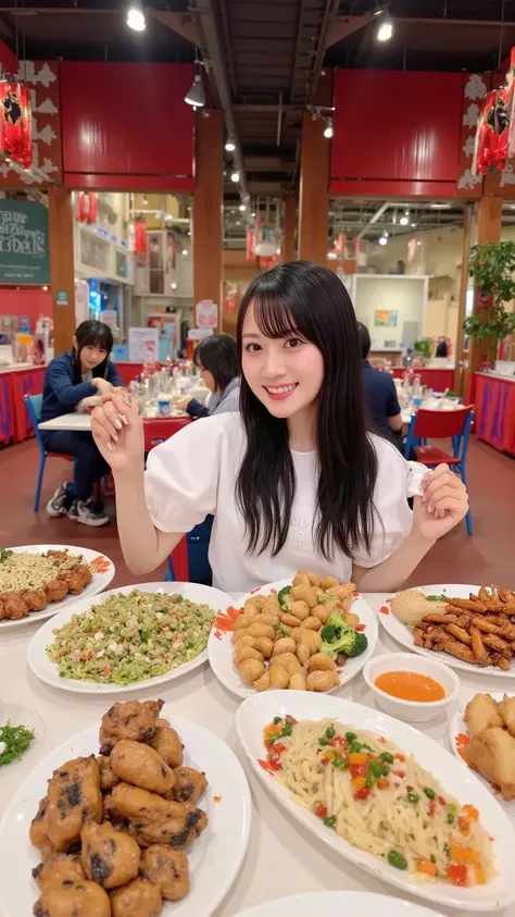 "A popular female celebrity sitting at a large table in a vibrant Chinese restaurant, surrounded by plates of delicious, colorful Chinese dishes. She is smiling and joyfully eating a variety of foods, including dumplings, noodles, spring rolls, and sweet a...