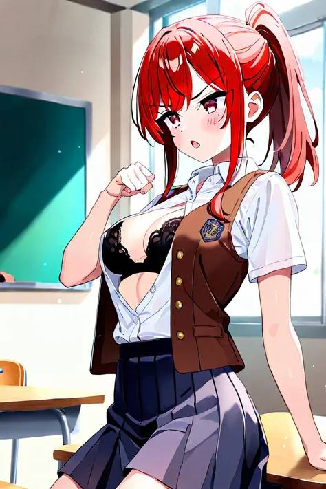 BEST QUALITY, ULTRA DETAILED, HIGH DEFINITION, SOLO, 1girl, slim, medium breasts, red hair, red eyes, bangs, high ponytail, loose locks, white button-down shirt, cutout, black bra, brown vest, open vest, pleated skirt, navy blue skirt. Act: tsundere, scold...