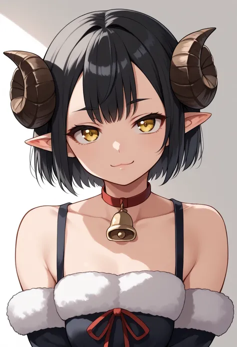 score_5_up,score_6_up,
1girl, solo, looking at viewer, short hair, bobcut, black hair, pointy ears, curled horns, yellow eyes, neck_bell , collarbone, detached sleeves, fur_trim, smug, tareme,br1t0dr4ws