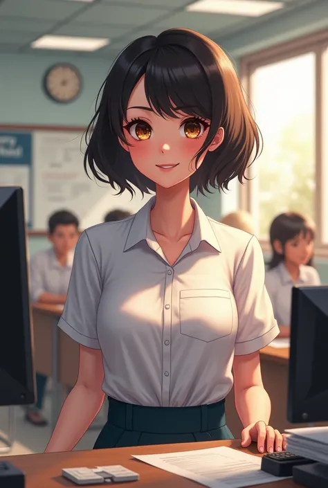 Me as a school secretary .  With brown eyes, black hair and short waves 