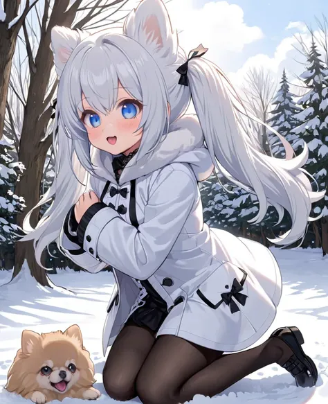  top quality, cute, girl, twin tails ,blue eyes, loli,Big Breasts,cute Pomeranian,snow,Play outside,white Gothic hood coat,She's wearing tights,