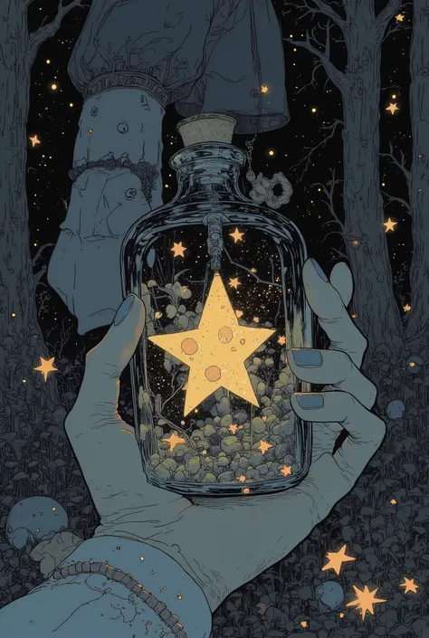 someone holding a jar with a star in it and a hand reaching for it, vial of stars,  Dream Scenery in a Bottle , with stars, star(null) starry_null,  the galaxy in the bottle , ✨🕌🌙, starry-night!!!!!!!!!!!!!!!!!!!!, starry null!!, starry, Jan J, Khun Khun, ...